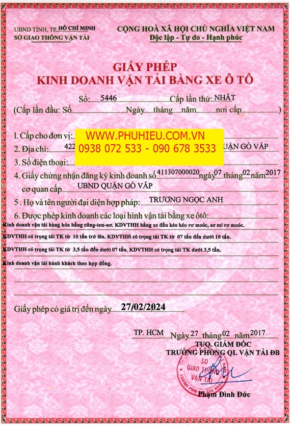 GIẤY PHÉP KINH DOANH VẬN TẢI